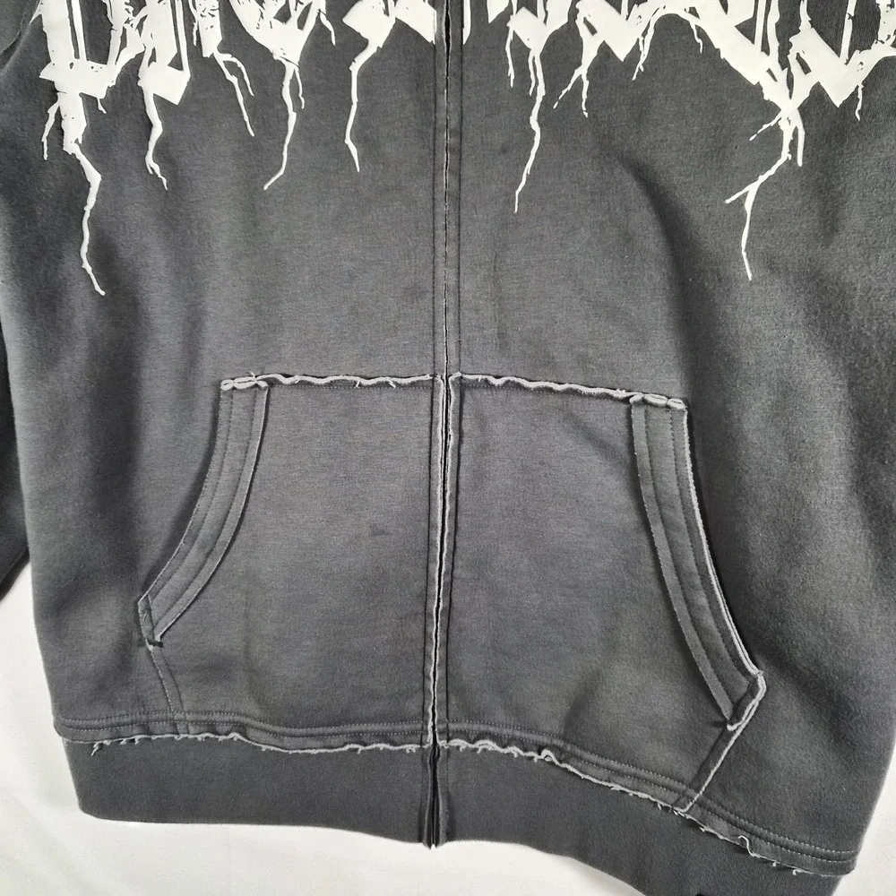 Broken Promises Men's Small Gray Distressed Graphic Full Zip Hoodie Goth Grunge